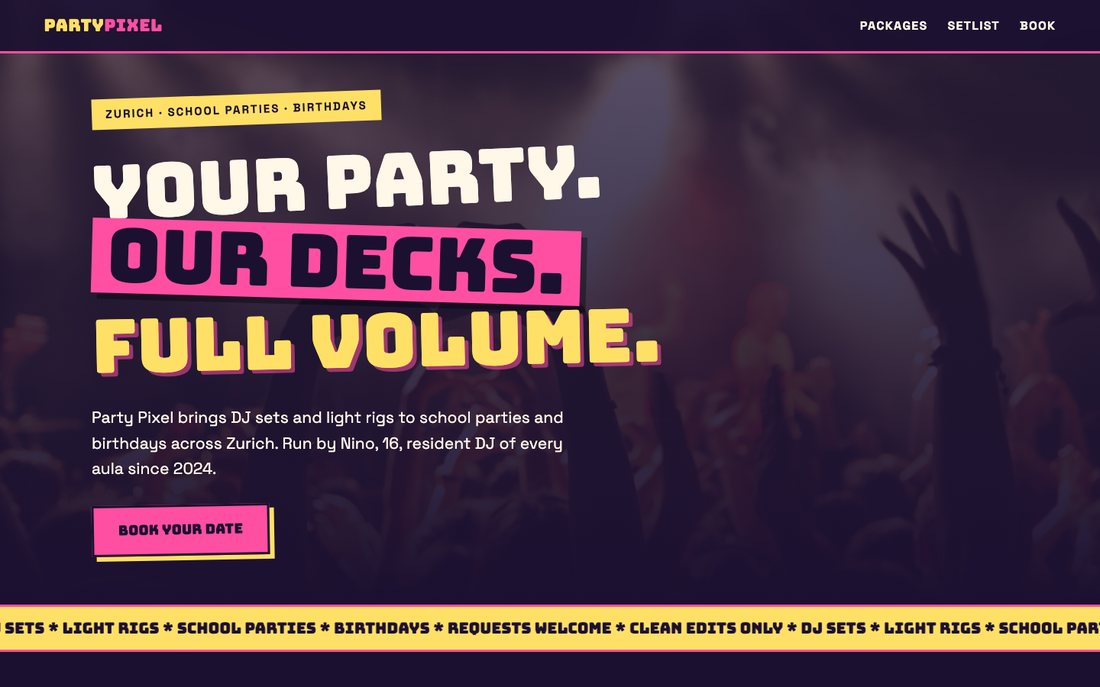 Screenshot of the Party Pixel starter design