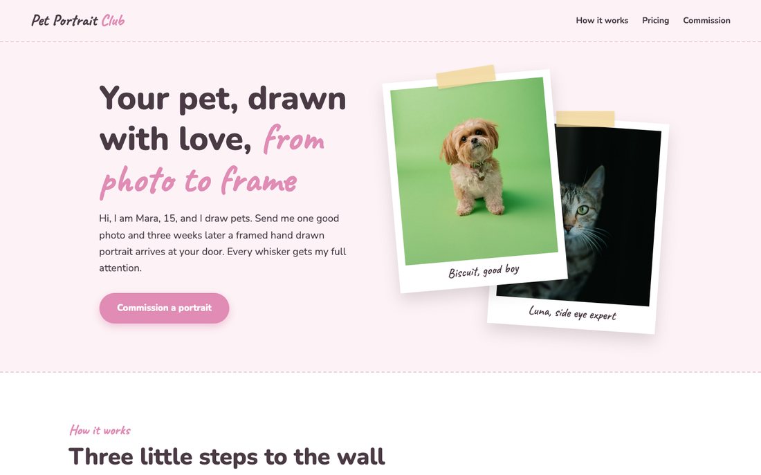 Screenshot of the Pet Portrait Club starter design