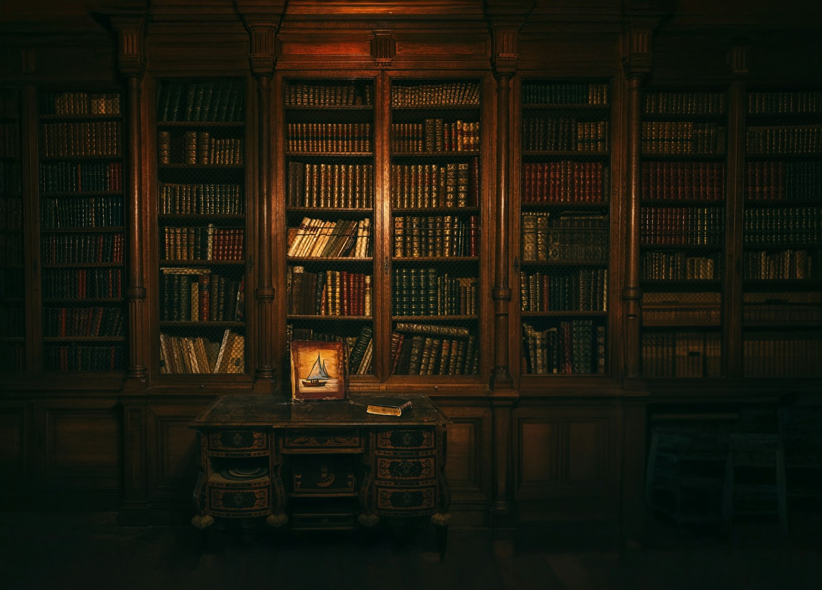 Tall antique library shelves in warm lamplight