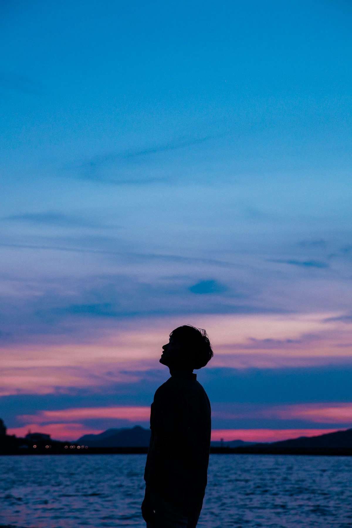 Silhouette by the lake at dusk