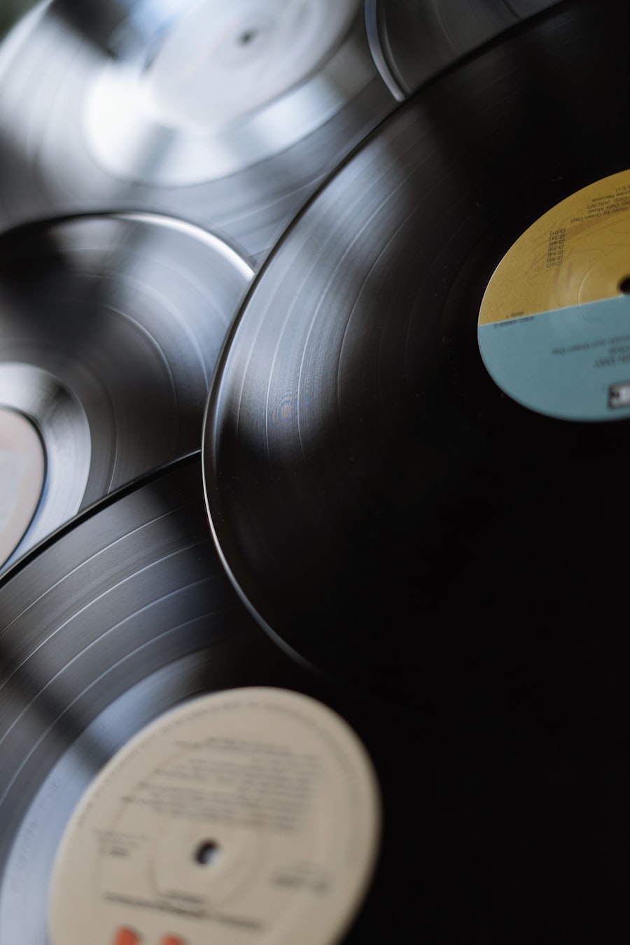 A stack of records lit from the side