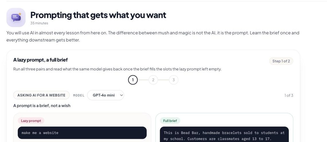 A lesson exercise comparing a lazy prompt against a full brief, scored step by step