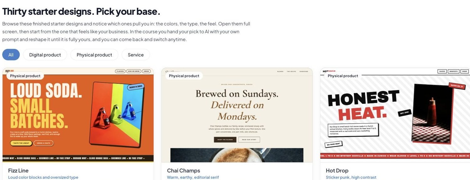 A grid of finished starter designs a student can build their site from