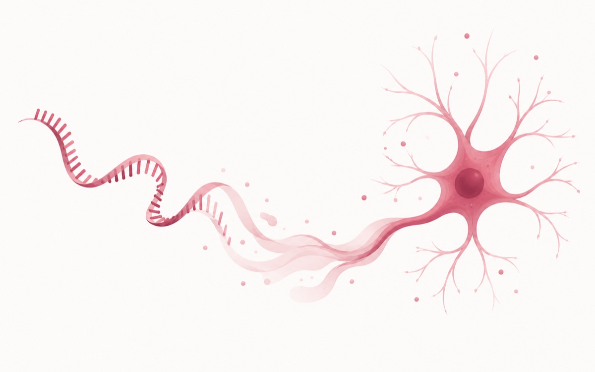 An illustration of an RNA strand flowing into a neuron