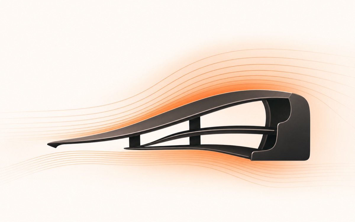 An illustration of a racing car front wing with airflow streamlines