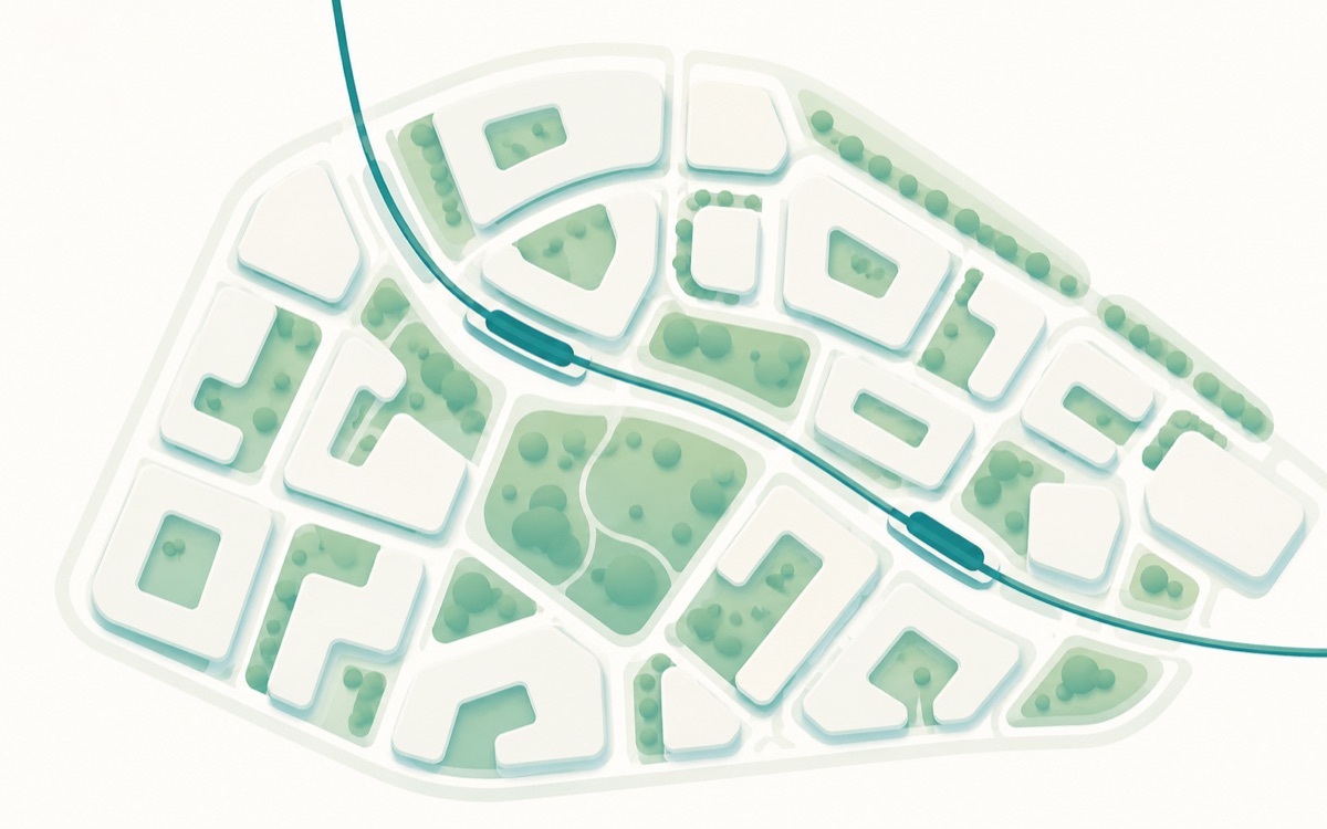 An illustration of a neighbourhood block plan with transport and green space