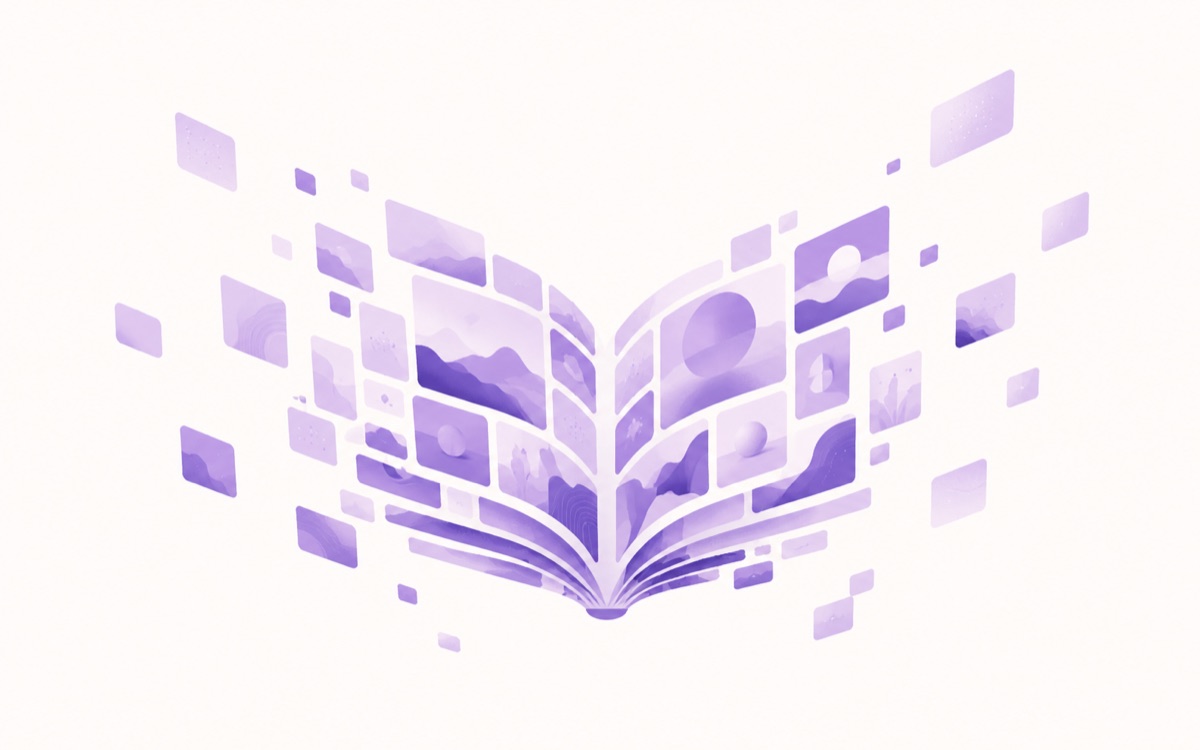 An illustration of generated images assembling into an open book