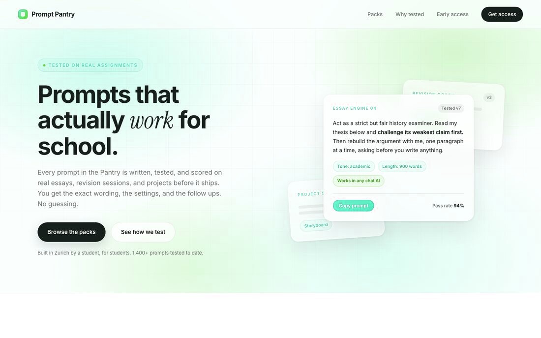 Prompt Pantry, a student built site selling tested AI prompt packs for school